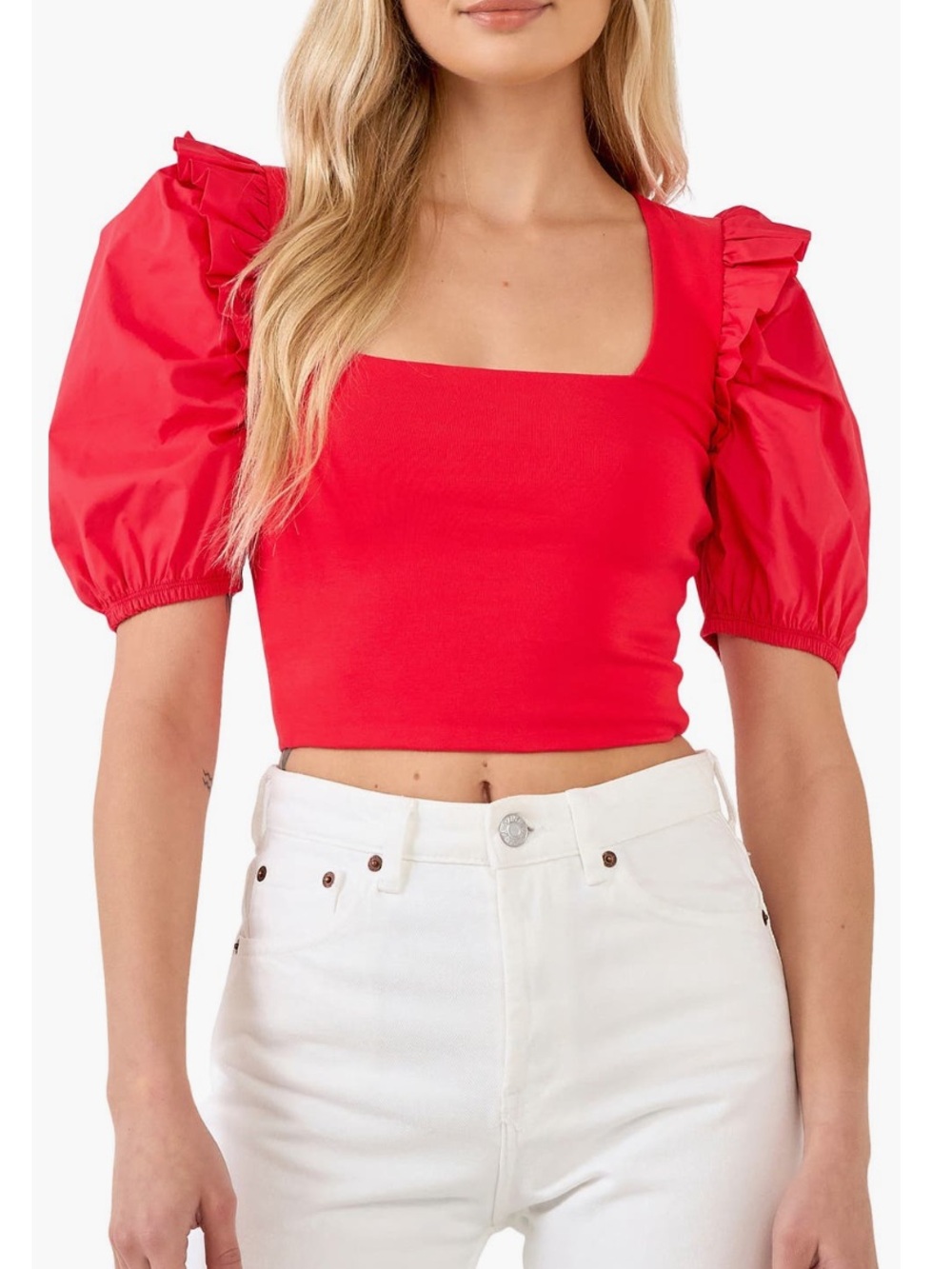 NWOT English Factory Res Mixed Media Puff Sleeve Crop Top Women’s Size Large